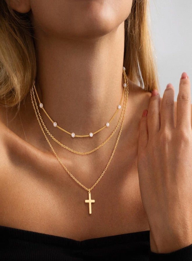 ASCOMY Layered Necklaces for Women Dainty Necklace 14K Gold Plated Pearl Necklace O Chain Necklace Cross Pendant Chain Necklace Simple Necklaces for Women Everyday Jewelry Gift - Image 3